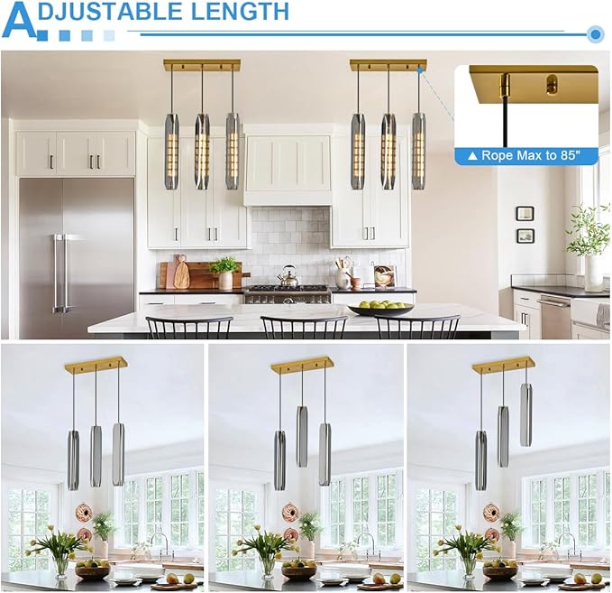 3-Light Linear Pendant Light for Kitchen Island, Modern Brass Ceiling Hanging Lamp with Smoked Glass Shades, Adjustable Height Island Lighting for Dining Room, Bar, Living Room
