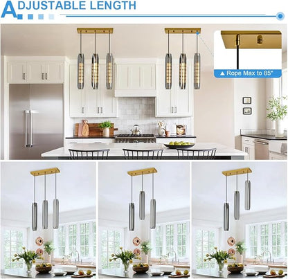 3-Light Linear Pendant Light for Kitchen Island, Modern Brass Ceiling Hanging Lamp with Smoked Glass Shades, Adjustable Height Island Lighting for Dining Room, Bar, Living Room