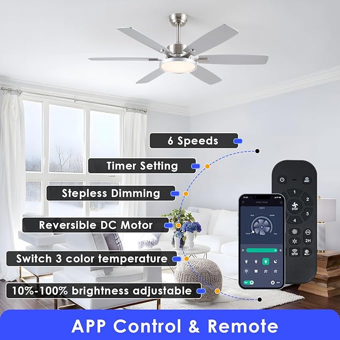 Hounberi 52 Inch Ceiling Fans with Lights and Remote, Modern Brushed Nickel Ceiling Fan with Light, Reversible DC Motor, Dual-Sided 6 Blades, 3CCT, Dimmable LED Ceiling Fan for Living room, Bedroom