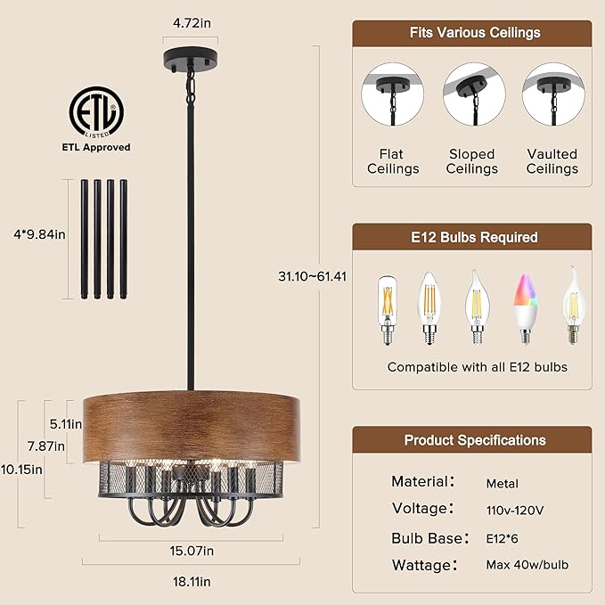 Farmhouse Drum Chandelier for Dining Room, 18" Rustic Black Chandelier with Wood Grain Finish, 6-Light Round Drum Hanging Chandelier Light Fixture for Entryway, Foyer, Living Room, Kitchen, Bedroom