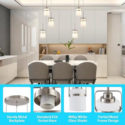 Brushed Nickel 3-Light Pendant Lighting, Adjustable Cluster Hanging Light Fixture with Milk Glass Shade, Modern Pendant Light for Kitchen Island Dining Room Bar