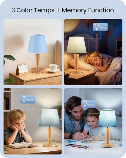 12" Wood Bedside Table Lamps Set of 2, Small Desk Lamps for Small Places, 3 Color Temperatures with Memory, Blue Linen Shade & E26 Bulbs, for Bedroom Living Room Office MU13TLP205
