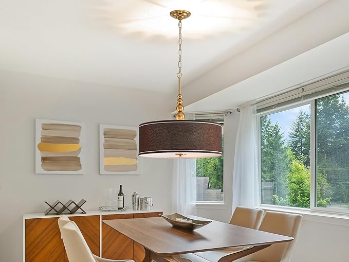 Shrine Lighting Drum Chandeliers, Farmhouse Style, Perfect Drum Pendant Light for Dining Room, D20'' x H7'', Adjustable Chains 59'', E26*3 Sockets, Brown Linen Fabric Lampshade & Gold Rod
