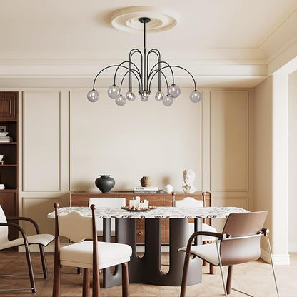 Modern Black Chandeliers Mid Century 12 Lights Sputnik Chandelier Large L52” Smoke Glass Globe Pendant Light Fixture for High Ceiling Foyer Staircase Living Dining Room
