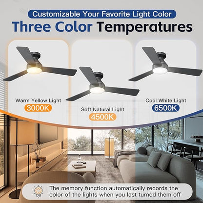 Ceiling Fans with Lights, 42 Inch Ceiling Fan with Light And Remote, 3CCT Flush Moun Low Profile Ceiling Fans, 6 Speed Noiseless LED Ceiling Fan, Black Ceilings Fan with Remote for Bedroom Living Room