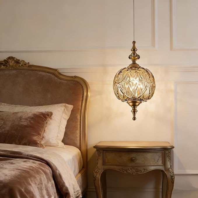 Vintage 2-Pack Pendant Light Fixtures Amber Glass Ceiling Pendant Lighting for Bedroom Living Room Dining Room with Original Vintage Design
