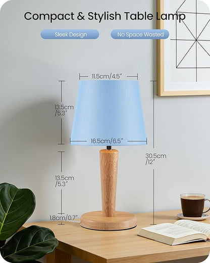 12" Wood Bedside Table Lamps Set of 2, Small Desk Lamps for Small Places, 3 Color Temperatures with Memory, Blue Linen Shade & E26 Bulbs, for Bedroom Living Room Office MU13TLP205