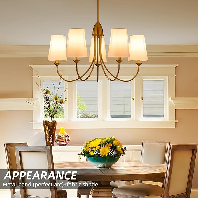 Gold Chandeliers for Dining Room,5-Light Farmhouse Dining Room Light Fixture with White Fabric Shade,30" Modern Industral Chandelier for Bedroom Foyer Living Room Kitchen.