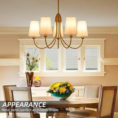Gold Chandeliers for Dining Room,5-Light Farmhouse Dining Room Light Fixture with White Fabric Shade,30" Modern Industral Chandelier for Bedroom Foyer Living Room Kitchen.