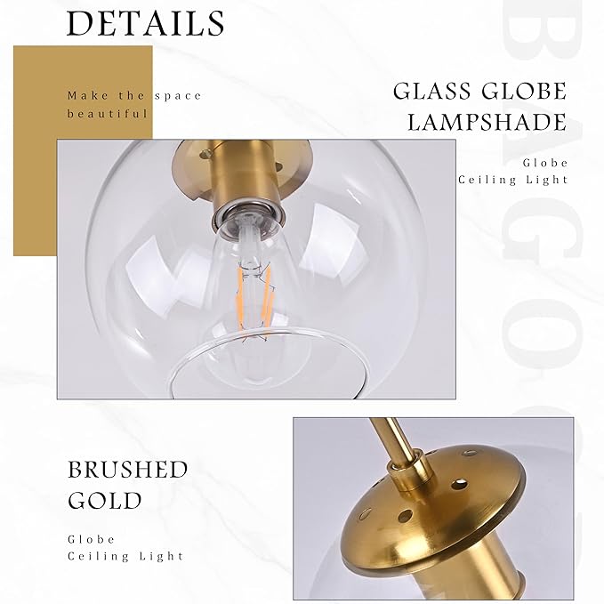Bagood Gold Semi Flush Mount Ceiling Light Fixture with Clear Glass Light Fixture Mid Century Light Fixtures Gold Semi Flush Ceiling Light Fixtures for Dining Room Kitchen Island (Bulb Incl)