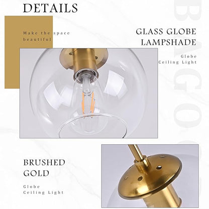 Bagood Gold Semi Flush Mount Ceiling Light Fixture with Clear Glass Light Fixture Mid Century Light Fixtures Gold Semi Flush Ceiling Light Fixtures for Dining Room Kitchen Island (Bulb Incl)
