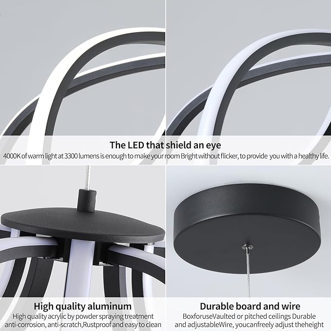 Modern LED Chandelier，Black Adjustable Hanging Chandelier ，Easy to Install, Suitable for Foyer, Dining Room, Living Room, Bedroom