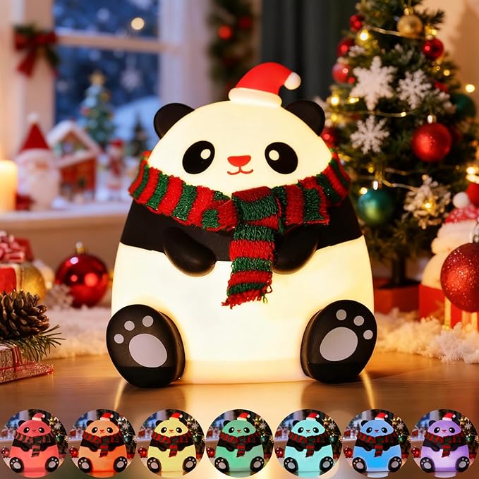 Christmas Silicone Night Light for Kids, 7-Color Cute Panda Night Light, 3-Level Dimmable Bedside Lamp with 30/60min Timer, LED Rechargeable Lamp for Toddler Boys Girls Holiday Christmas Decor (Panda)