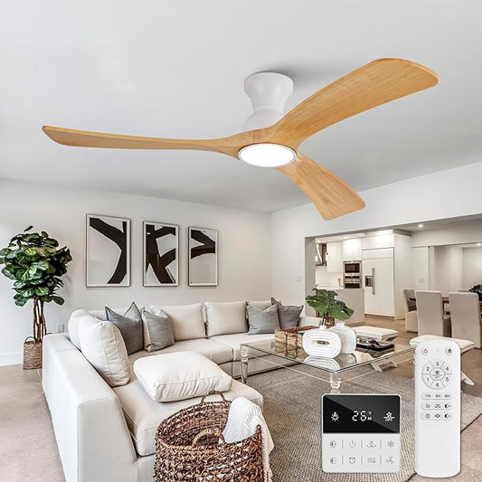 Flush Mount Ceiling Fans with Lights,52 inch,Remote Control,Wall Switch,Solid Wood Blades,Dimmable,Reversible Noiseless,Power Off Memory Modern Ceiling Fan Indoor/Outdoor for Bedroom Patios