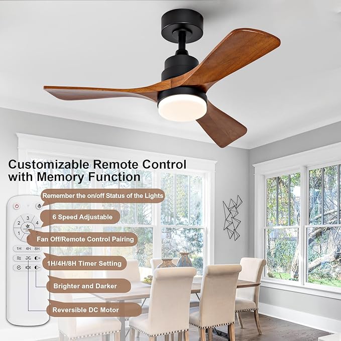 36 Inch Black Ceiling Fans with Lights and Remote,Dimmable LED Light,Quite Reversible DC Motor,Memory Function,Modern Solid Wood Indoor Outdoor Ceiling Fan with Light for Office Patios