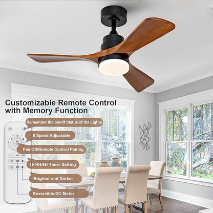 36 Inch Black Ceiling Fans with Lights and Remote,Dimmable LED Light,Quite Reversible DC Motor,Memory Function,Modern Solid Wood Indoor Outdoor Ceiling Fan with Light for Office Patios