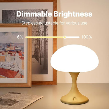MAGCHARM Mushroom Lamp, 5W LED Cordless Rechargeable Table Lamp with Glass Shade, Small Retro Dimmable Touch Light with 3 Color Temps, Aesthetic Mid Century Bedside Light for Bedroom Ambient, Mustard