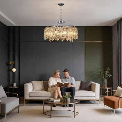 10 Lights Chrome Crystal Chandeliers for Dining Room Light Fixture | D28 Modern Round Crystal Chandelier Over Table | Hanging Lighting for Living Room Kitchen Island Bedroom Bathroom