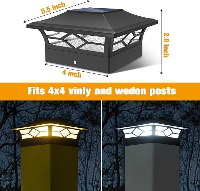 Solar Post Cap Lights Outdoor 8pack, Waterproof Solar Powered Deck Fence Post Lights for 4x4 Wood/Vinyl Posts, Solar Outdoor LED Light with Cool/Warm Lighting (Black, 8pack)