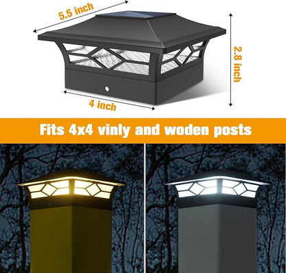 Solar Post Cap Lights Outdoor 8pack, Waterproof Solar Powered Deck Fence Post Lights for 4x4 Wood/Vinyl Posts, Solar Outdoor LED Light with Cool/Warm Lighting (Black, 8pack)