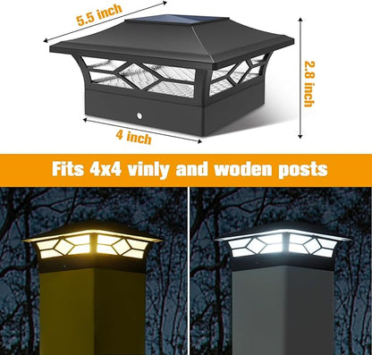 Solar Post Cap Lights Outdoor 4pack, Waterproof Solar Powered Deck Fence Post Lights for 4x4 Wood/Vinyl Posts, Solar Outdoor LED Light with Cool/Warm Lighting Decorate Garden Patio Porch…