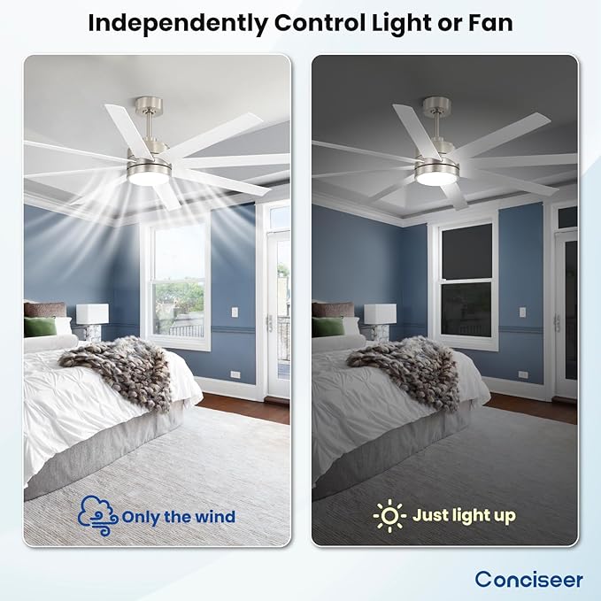 Conciseer 65 Inch Ceiling Fans with Lights and Remote for Bedroom Living Room Kitchen Office, Indoor/Outdoor Use, 6CCT Dimmable, 8 Blades 6 Speed Reversible Quiet DC Motor, Sand-nickel/White