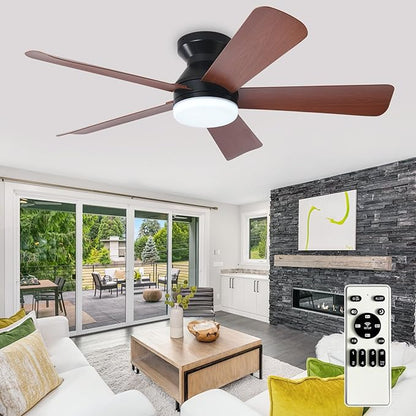 42-Inch Ceiling Fans with Lights: Walnut Low Profile Ceiling Fan with Light and Remote Control - Reversible Flush Mount Fans - 3CCT Dimmable Small Ceiling Fan for Bedroom Indoor/Outdoor Use
