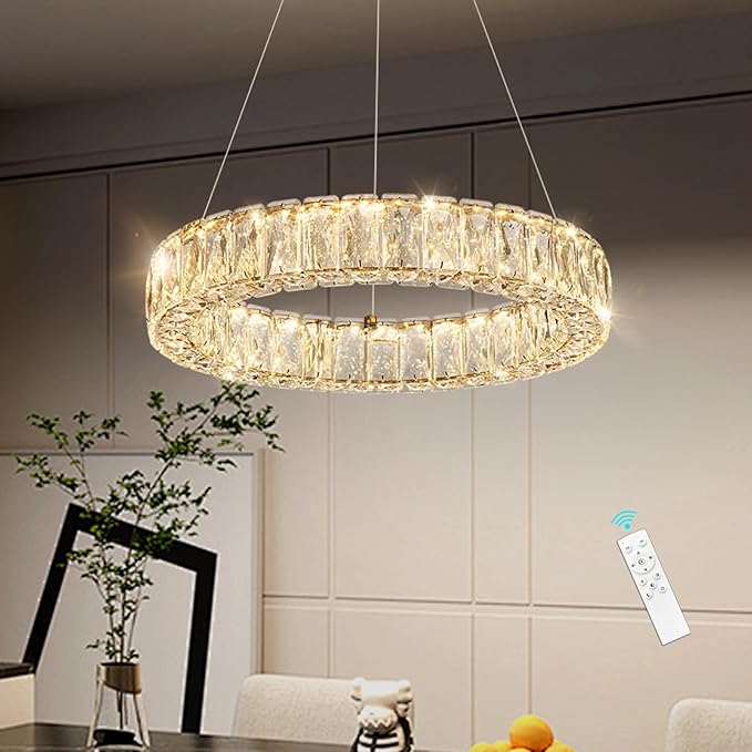 HAIXIANG Modern Crystal Chandelier Dimmable LED 16 Inch Ring Pendant Lights Adjustable Glam Chandeliers Lighting Fixtures for Dining Room Living Room Bedroom Gold Light