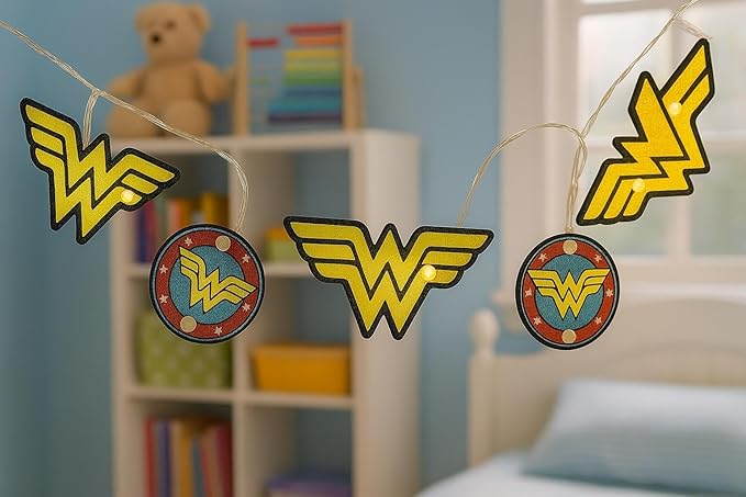 Warner Brothers Wonder Woman String Lights,Official Warner Bros 5-Piece, Decorative Indoor/Outdoor Party & Room Décor, Superhero LED Lighting