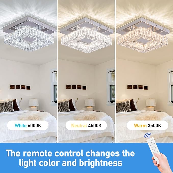 Dimmable Square Crystal Chandelier LED Mini Ceiling Light with Remote Flush Mount Small Chandelier Light for Hallway Foyer Kitchen Stair Closet, 3 Colors Adjustable Dimmable