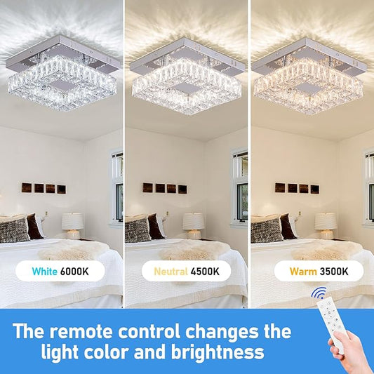 Dimmable Square Crystal Chandelier LED Mini Ceiling Light with Remote Flush Mount Small Chandelier Light for Hallway Foyer Kitchen Stair Closet, 3 Colors Adjustable Dimmable