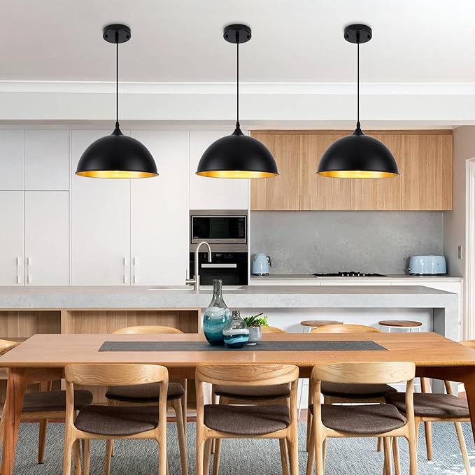 Black Pendant Lights Kitchen Island 3 Pack, 11.8" Farmhouse Pendant Lighting, Black and Glod Kitchen Light, Modern Dome Kitchen Pendant Lighting Over Island Dining Room Entryway Bar