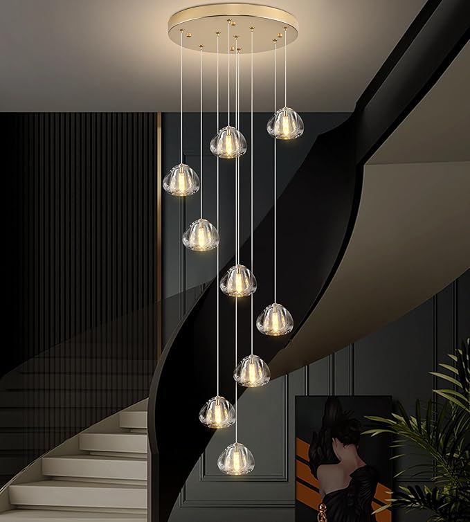 Modern Crystal Chandelier 9-Lights High Ceiling Raindrop Chandelier, Gold LED Round Indoor Lighting Fixture for Foyer Staircase Living Room
