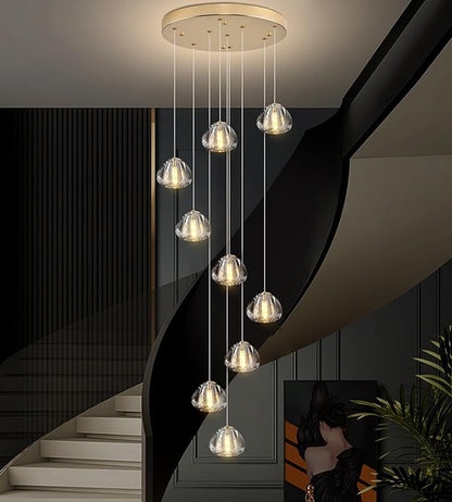 Modern Crystal Chandelier 9-Lights High Ceiling Raindrop Chandelier, Gold LED Round Indoor Lighting Fixture for Foyer Staircase Living Room