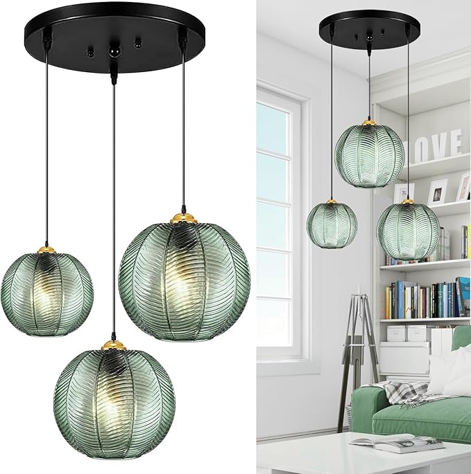 Green Pendant Light, 3 IN 1 Large Glass Pendant Light Fixtures E26 E27 Mid Century Modern Chandelier Ribbed Blown Glass Globe Shade Hanging Light Ceiling Light for Living Room Restaurant Bar,Blue