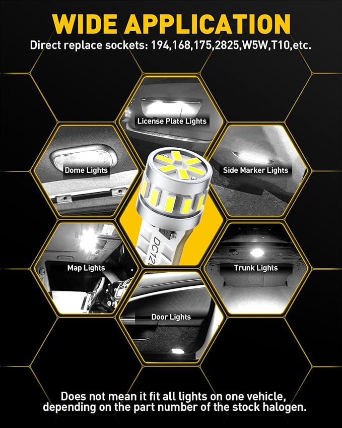 AUXITO Latest 194 LED Bulbs 6500K Bright White 168 2825 T10 W5W LED Bulb for Car Dome Door Map Courtesy Trunk Cargo Exterior License Plate Lights, Pack of 2