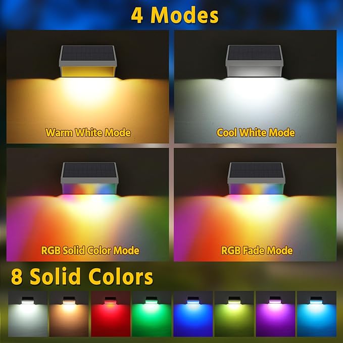 NIORSUN Outdoor Fence Lights, 10 Pack Waterproof LED Solar Fence Lights with 1500mAh Battery, Warm White/Cool White/RGB, Easy-to-Install Wall Light for Deck, Patio, Railing, Stairs, Backyard – White