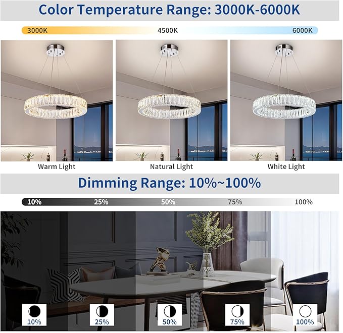 Depuley Modern LED Crystal Chandelier: 19.7" Ring Dimmable Pendant Light Adjustable for Dining Room - 30W Round Crystal Chandeliers for Bedroom Kitchen Over Table Living Room Porch Foyer