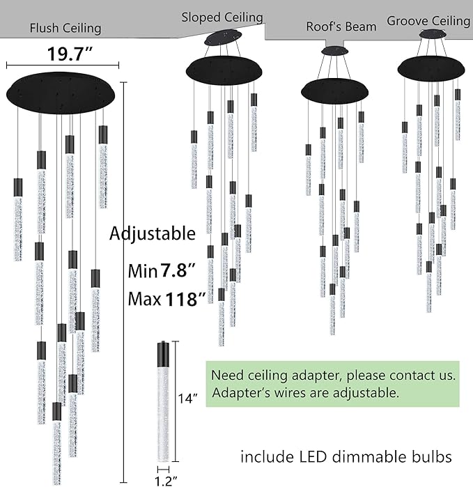 HAIXIANG 118" High Ceiling Chandelier Linear Crystal Pendants, Remote Dimmable, Compatible Sloped Ceilings, 12-Light Matte Black, 60 Watts LED, 4800 Lumens