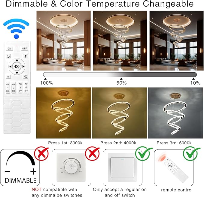 Modern Crystal Chandelier Dimmable 5 Rings LED Gold Chandelier Linear Chandelier Dining Room Light Fixture with Remote for Entryway, Bedroom,Living Room and Foyer