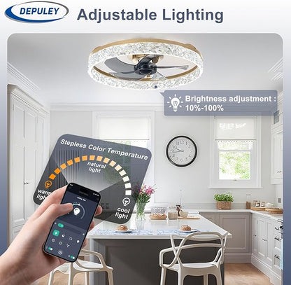 Depuley Ceiling Fans with Lights and Remote: 20" Modern Low Profile Flush Mount Ceiling Fan with App Remote Control - Gold Fandelier for Bedroom Living Room Kitchen Dimmable Quiet DC Motor