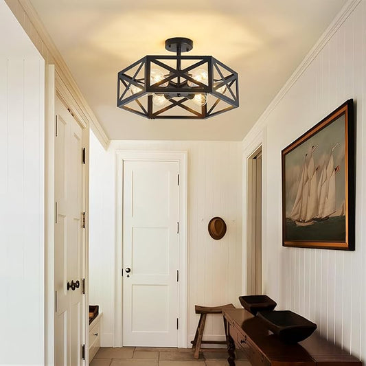 Modern Semi Flush Mount Ceiling Light,19.7" 6-Light Hexagon Flush Mount Ceiling Lights for Dining Room Light Fixture,Farmhouse Black Metal Kitchen Island Lighting Fixtures for Hallway,Bathroom