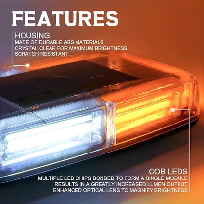 Xprite COB LED White Amber/Yellow Roof Top Warning Strobe Light 19 Flash Modes w/Magnetic Base Mini Beacon Lights Bar for 12V Hazard Emergency Construction Vehicles Snow Plow Trucks Bus