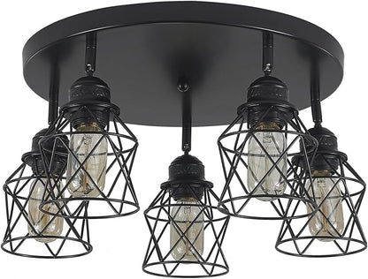 5-Lights Kitchen Light Fixtures Ceiling Mount, Adjustable Multi-Directional Black Flush Mount Ceiling Light, Retro Metal Cage Farmhouse Close to Ceiling Light Fixture for Hallway Dining Room Entryway
