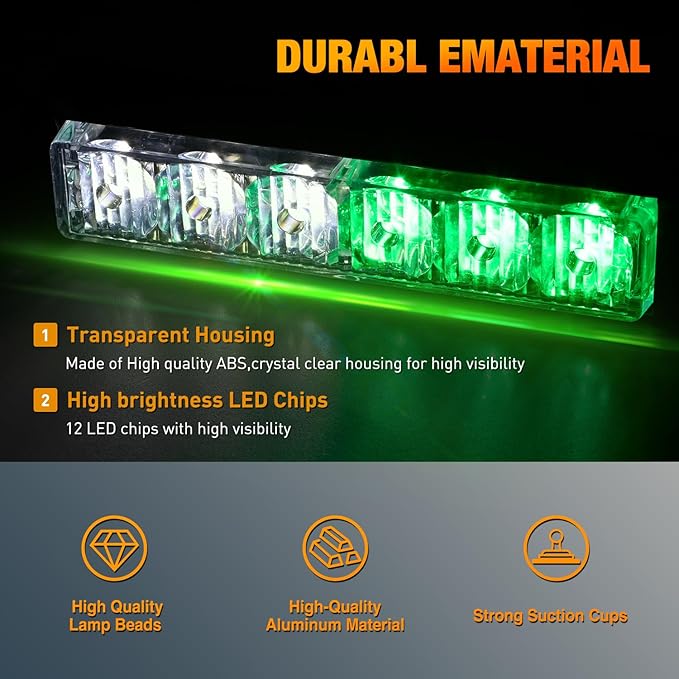 Nilight 12LED Emergency Strobe Traffic Advisor Light Bar 2 in 1 Green White Dash Warning Safety Flashing Lights Front/Rear Windshield Construction Lights for Trucks Cars Plow Police Vehicles