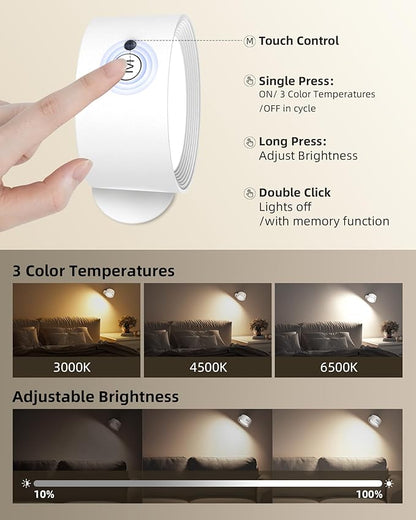 LED Wall Mounted Lights, Rechargeable Wall Sconces Lamp, 3 Color Temps & Remote and Touch, 360°Rotation Dimmable Cordless Wall Light for Study Bedroom Reading Bedside(White, 1 Pack)