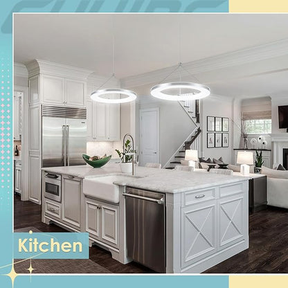 CHYING 3 Pack LED Modern Pendant Lights Kitchen Island, 11.8" 15W Cool White Ring Chandelier, Adjustable Height Silver Hanging Pendant Ceiling Light for Dining Room Bedroom Hallway Entryway, 6500K