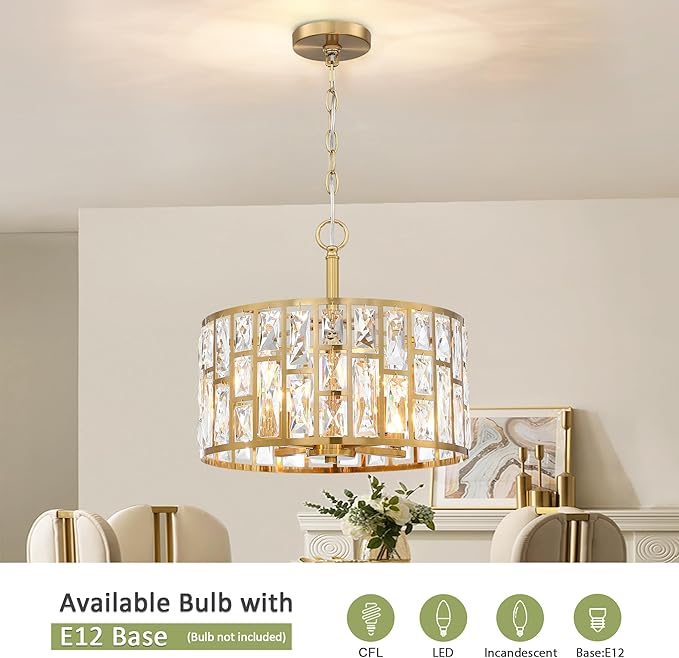 MEXO Farmhouse Crystal Convertible Chandelier and Semi Flush Mount Lighting Gold Cylinder Drum Shade Pendant for Kitchen Island Dining Room Bedroom Hallway
