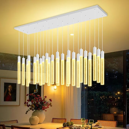 24-Light Rectangular Crystal Chandelier, Large Silver Bubble Crystal Column Pendant Light, Adjustable Height Hanging Chandeliers for Kitchen Island, Living Room, Foyer