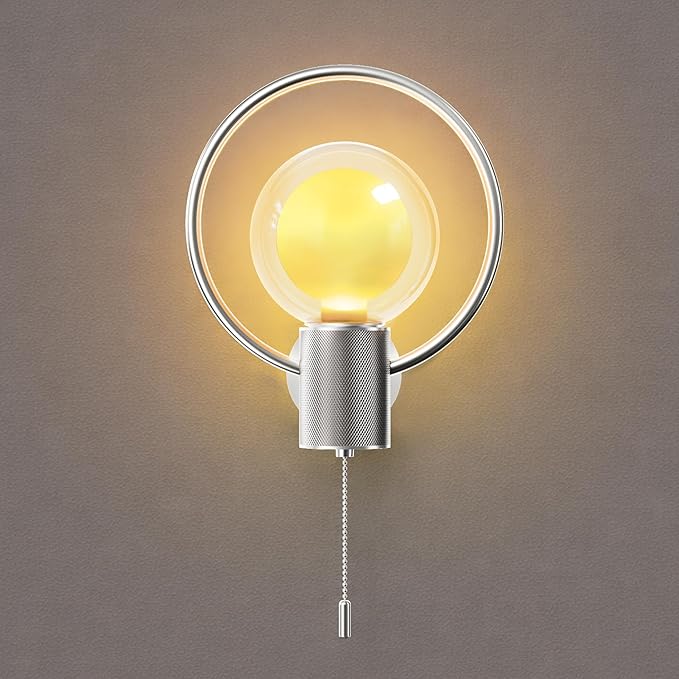 ALAMPEVER Modern Wall Sconce with Pull Chain, Metal Silver Wall Lights with G125 Glass Globe Bulb, Wall Mount Light for Enhancing Indoor Ambience in Bedroom, Living Room, and Hallway, 1 Pack